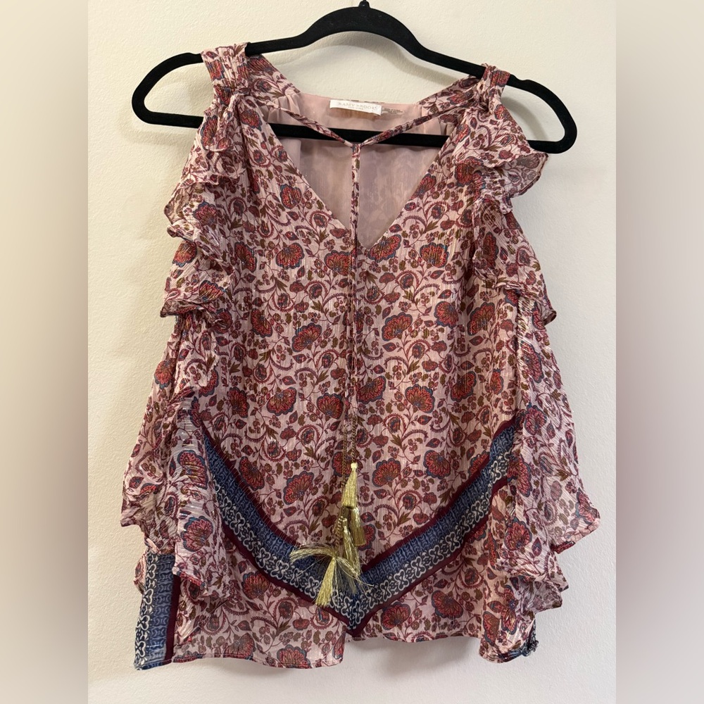 Ramy‎ Brook Boho Floral Flutter Sleeveless Oversized Silk Top - XXS
